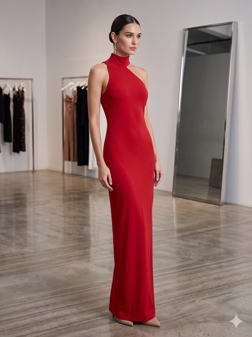 Abyss By Abby Red One-Shoulder High-Neck Maxi Dress